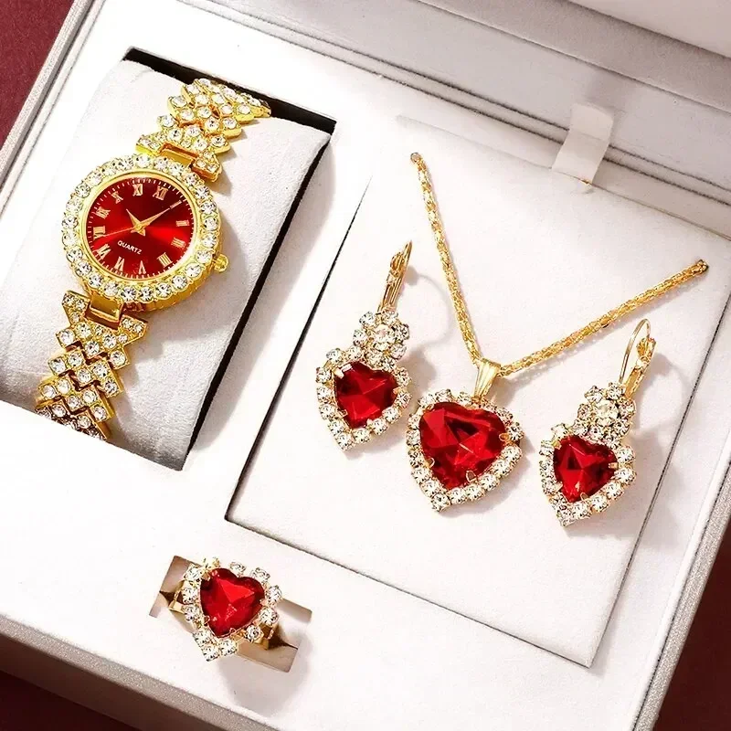 Jewels On Watches - Złoty Luksusowy Zegarek Damski Pierścionek Naszyjnik